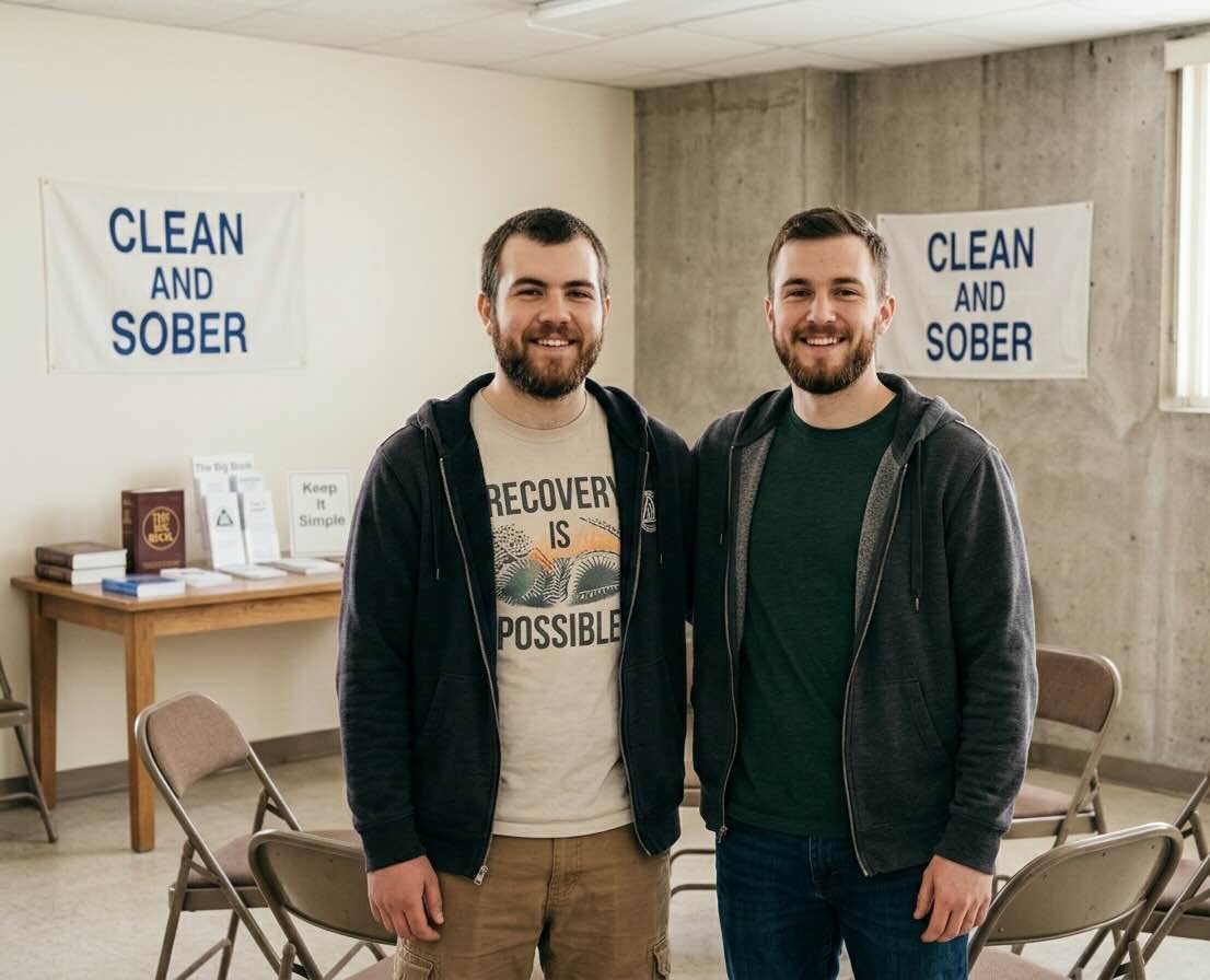 Two people talking at an AA meeting in Chicago, IL