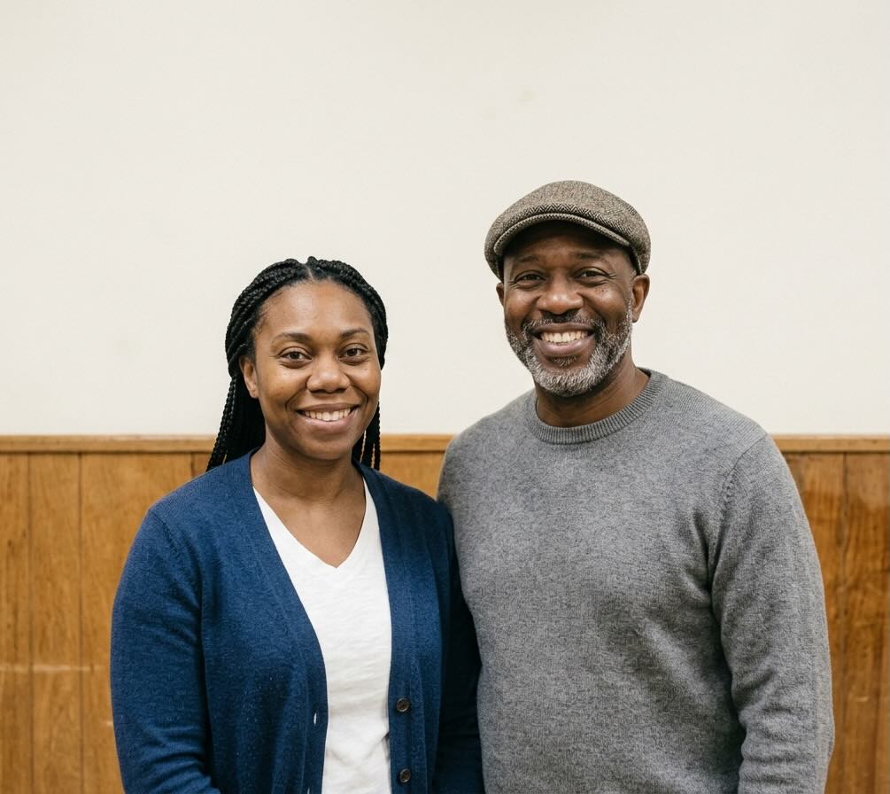Two people talking at an AA meeting in Columbus, Ohio