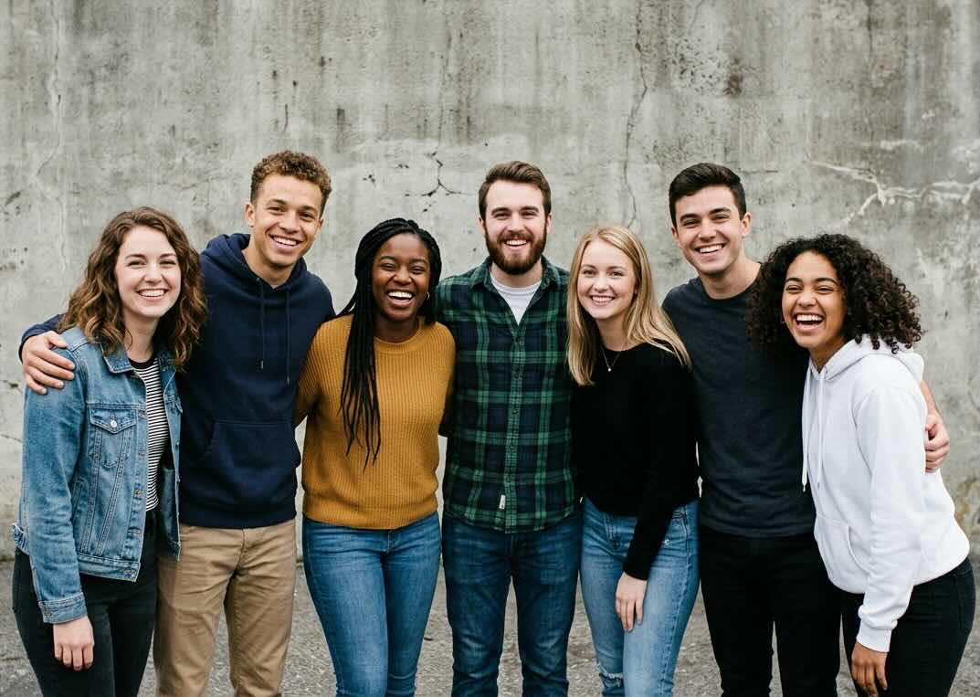 AA meeting friendship - a joyful group of diverse people laughing together in recovery