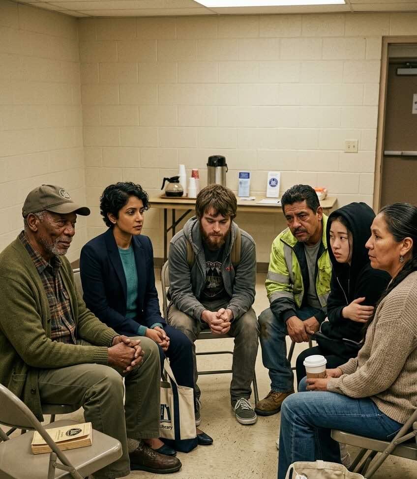 A diverse group of people sitting in a circle of folding chairs in a Houston community room, reflecting an honest and safe meeting environment