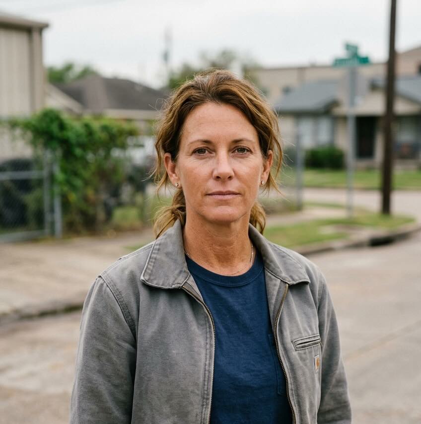 An authentic portrait of a Houston resident in warm Texas light, expressing a calm, honest, and direct gaze