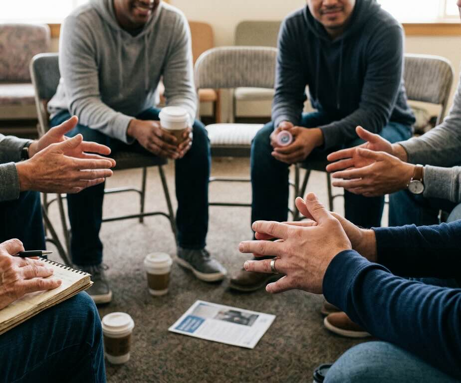 Person sitting in a circle listening calmly at an Alcoholics Anonymous meeting