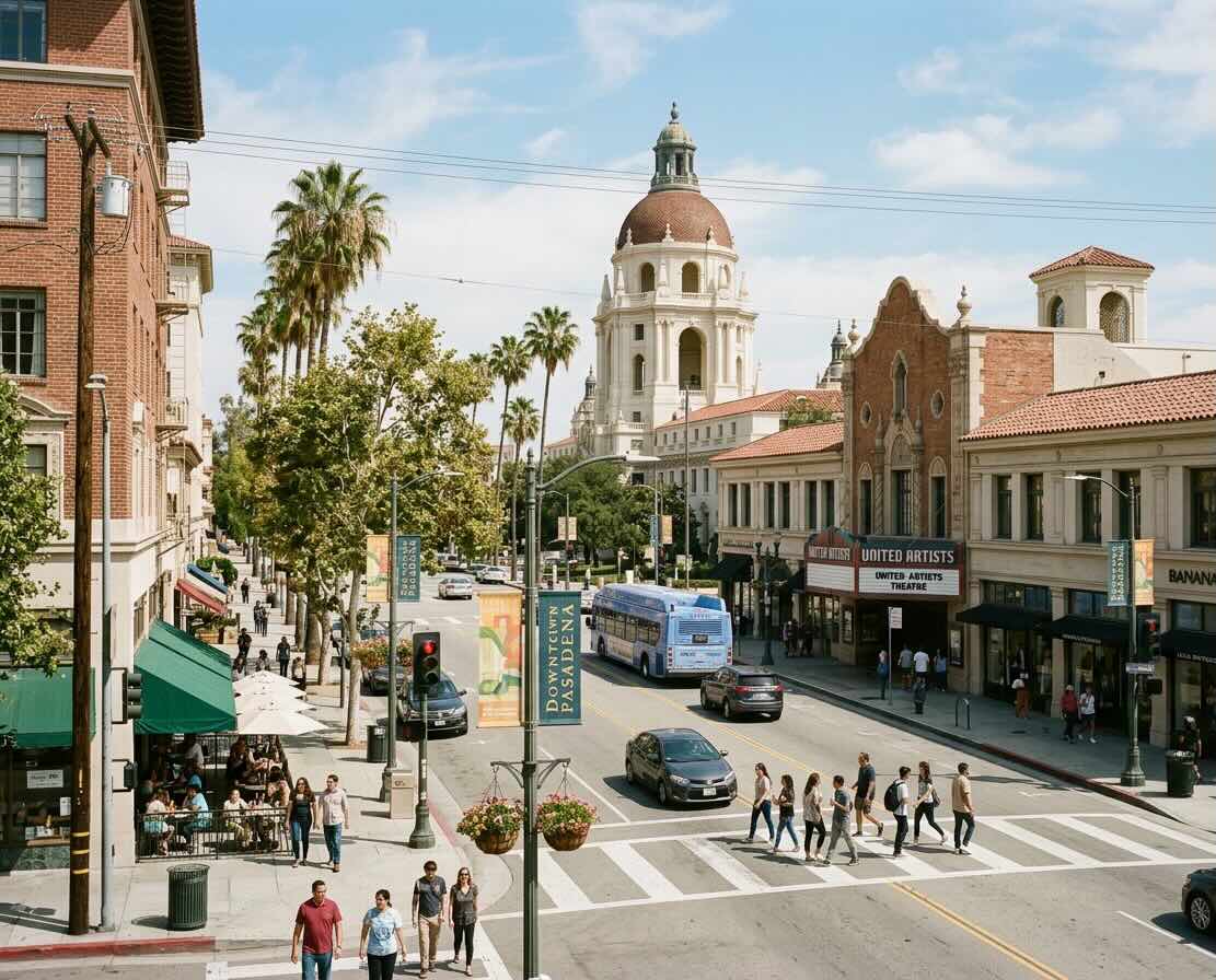 Tree-lined residential street in Pasadena with morning light