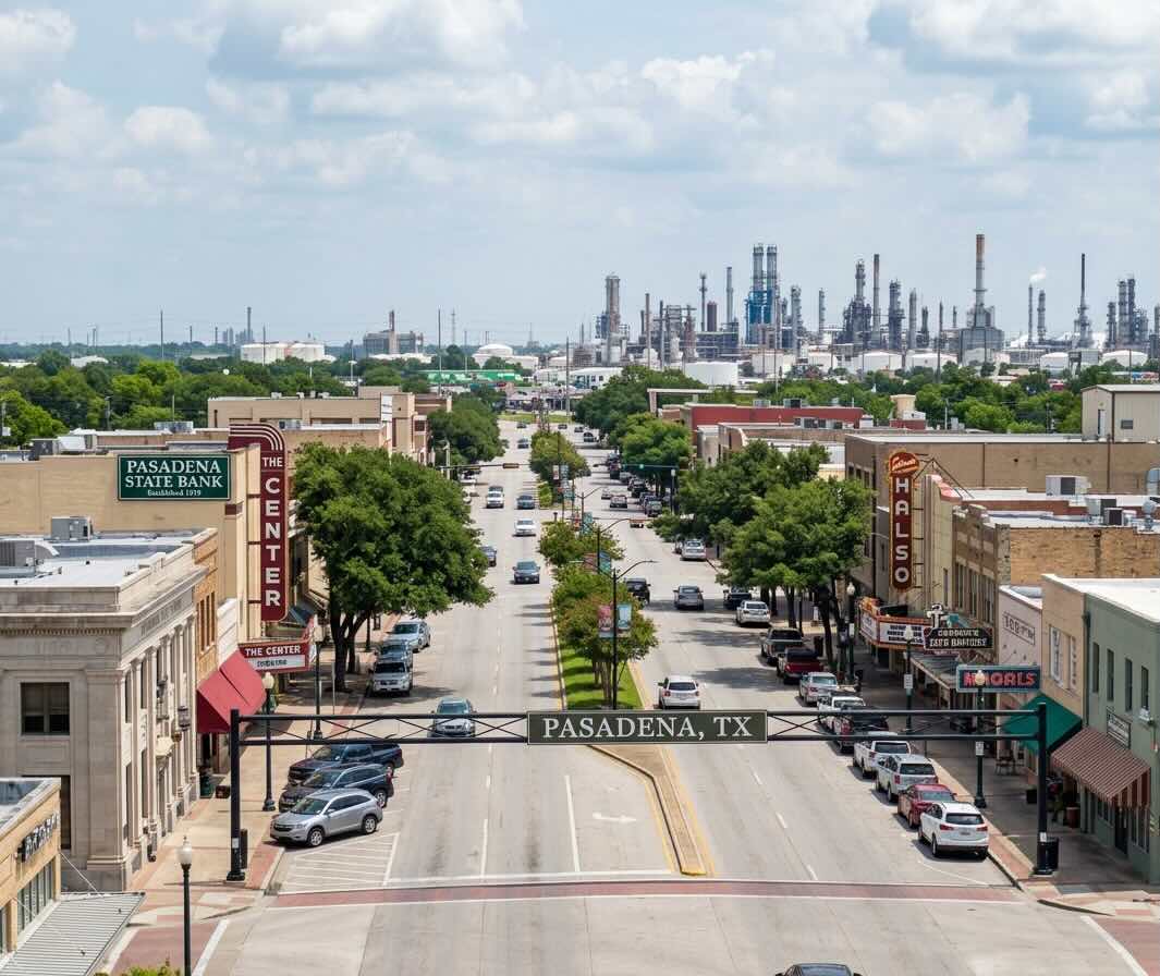 A residential street in Pasadena, Texas in the warm morning light