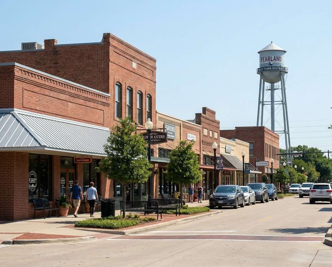 A quiet suburban neighborhood street in Pearland, Texas