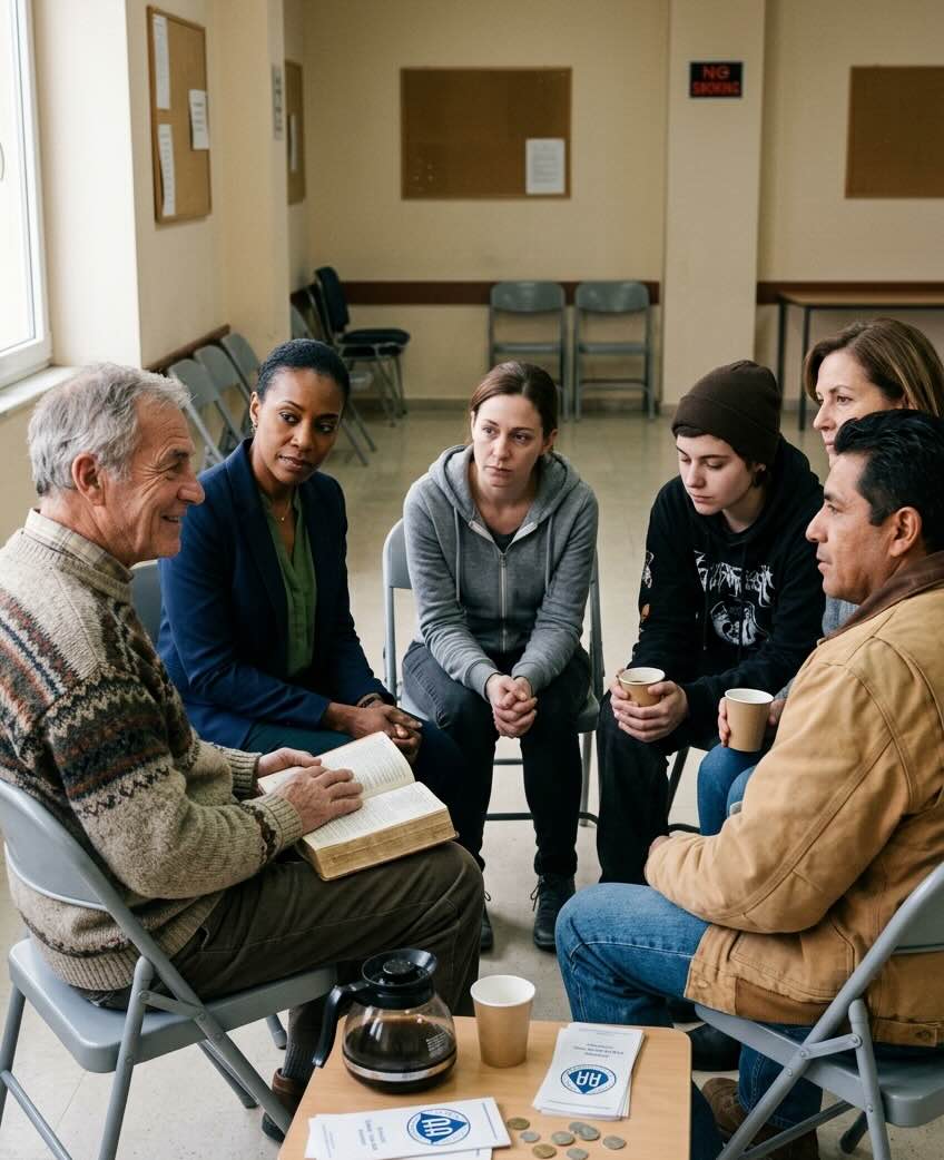 AA group gathering in a Pennsylvania church hall or community room