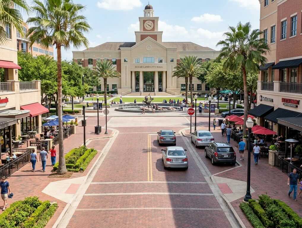 Sugar Land Town Square in the warm morning Texas light