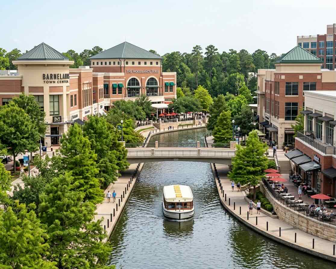 The Woodlands Town Center tree-lined street in the calm morning