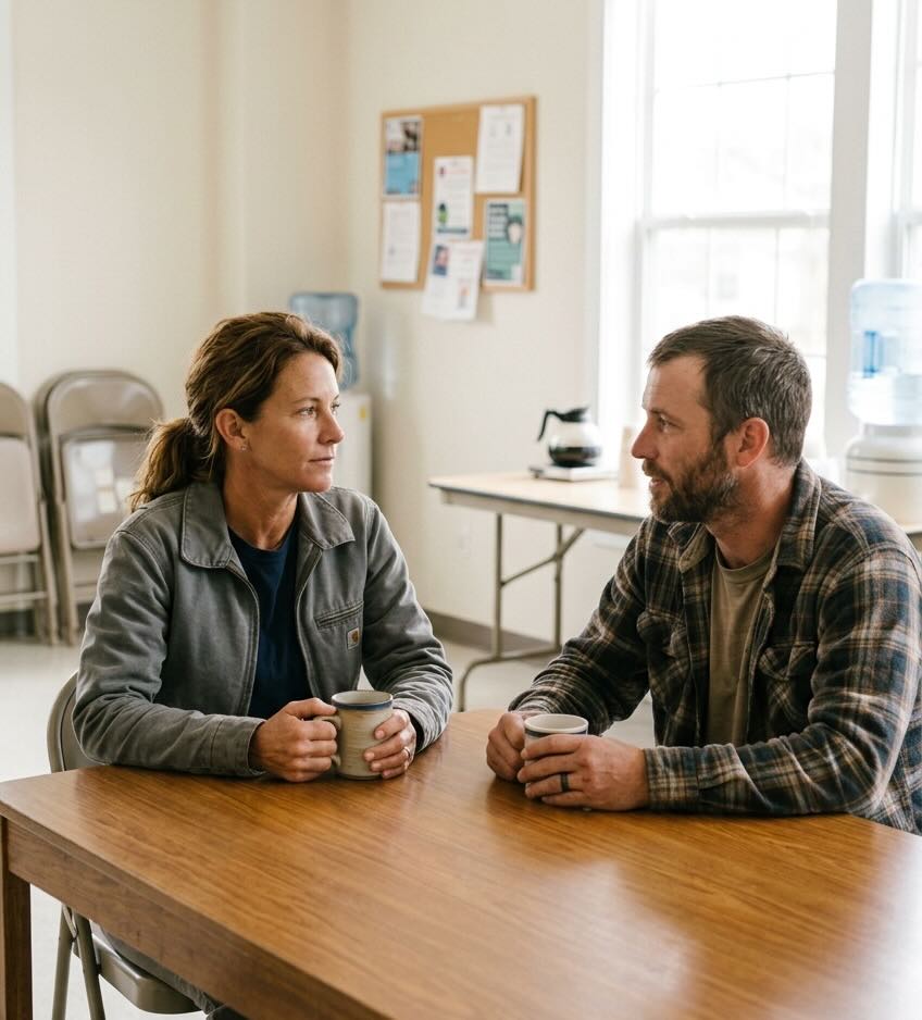 Two people sitting across from each other with coffee in a Houston community space, reflecting a moment of listening without judgment