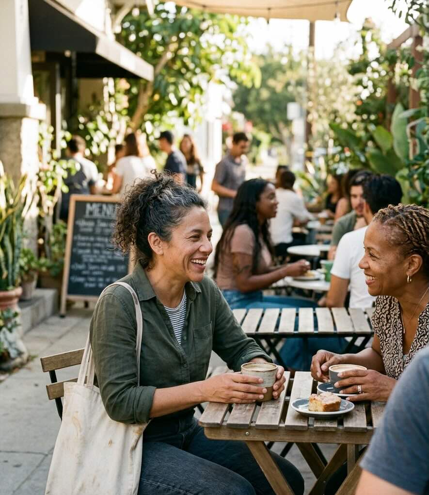 Two people talking in a quiet Los Angeles community space