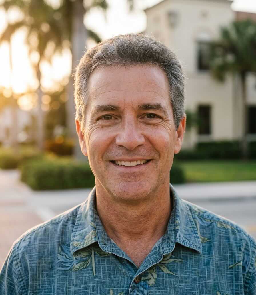 Delray Beach resident portrait with a genuine smile and warm Florida light