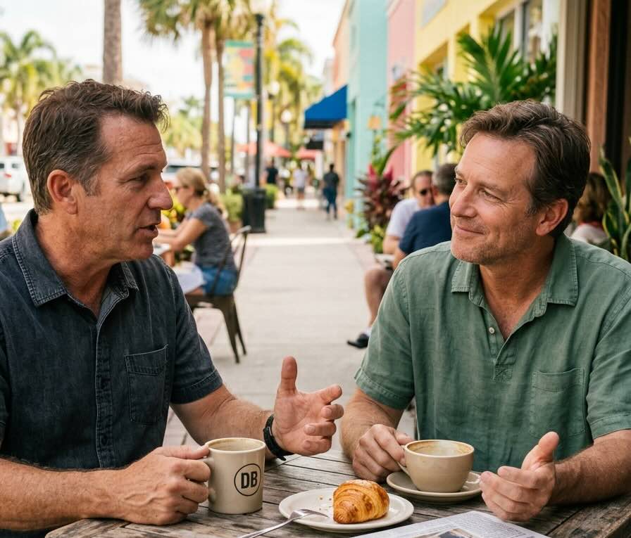 Two people at an outdoor Delray Beach café