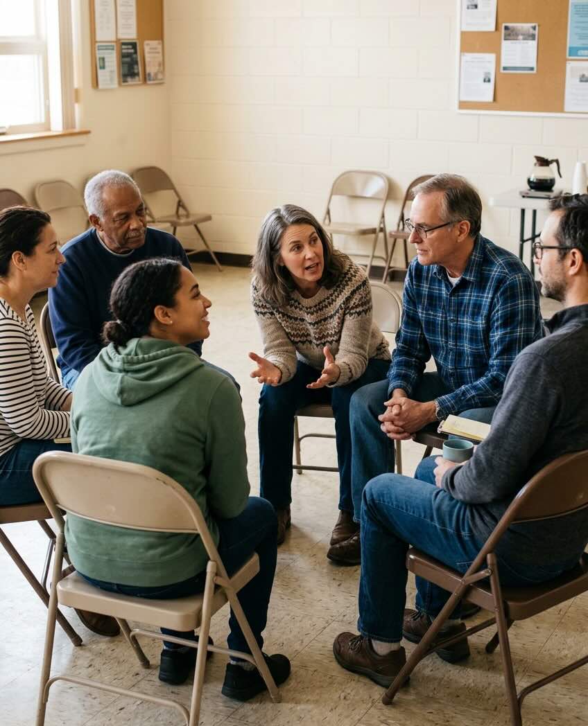 How AA meetings work - two people engaged in a quiet, honest conversation in a warm and safe environment