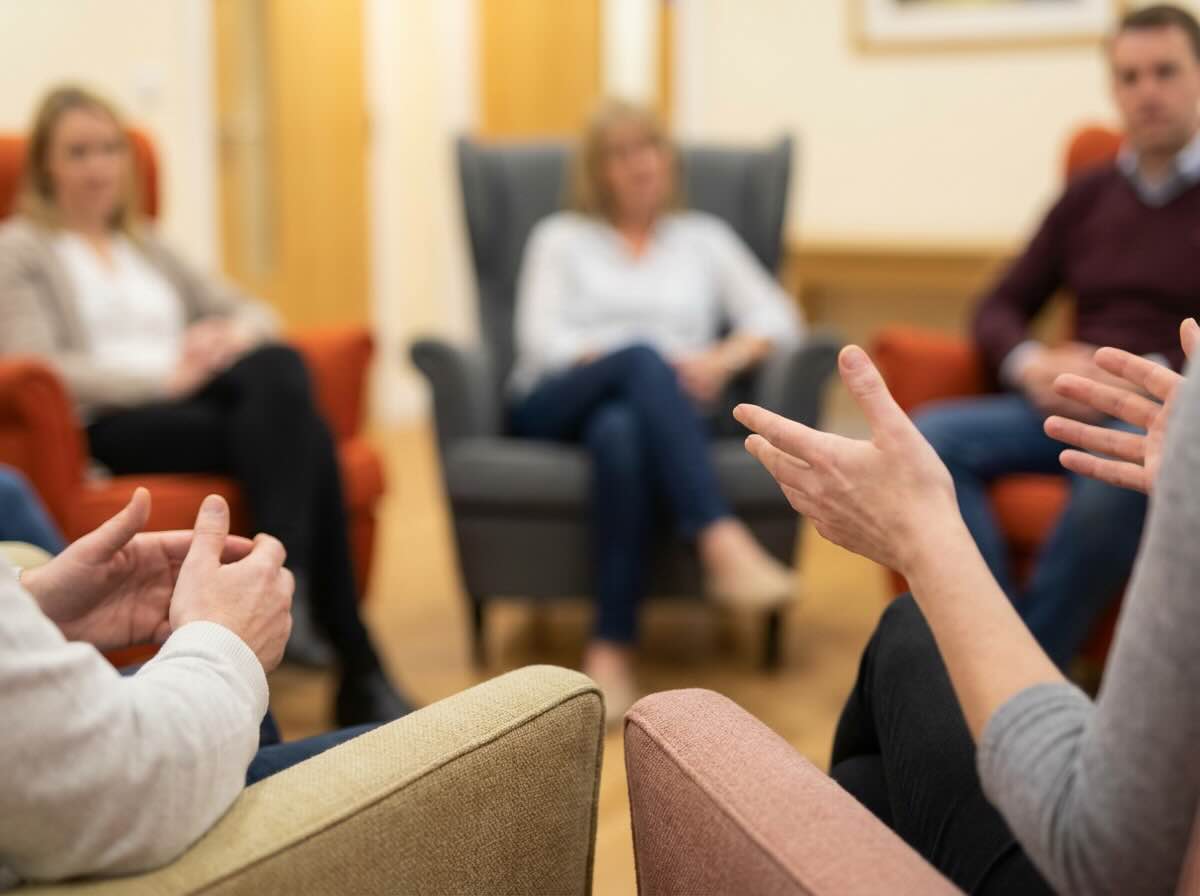 AA speaker meeting - a person sharing their recovery story with a supportive group