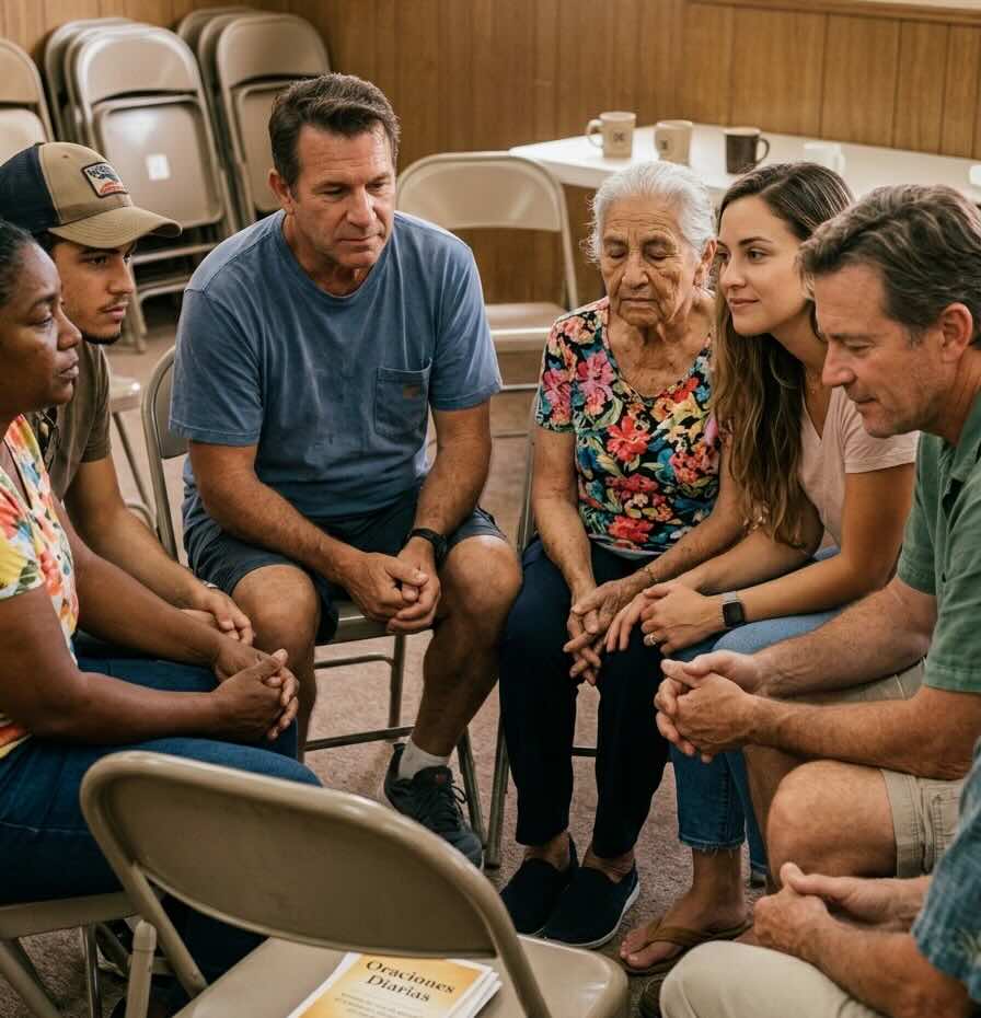 A diverse group of people sitting in a circle in a warm Miami community hall