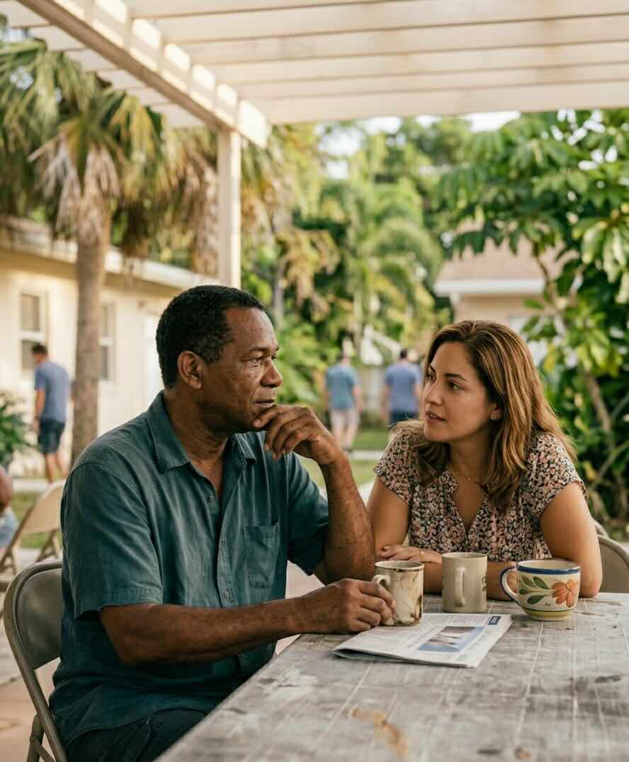 AA meetings Miami - two people talking at a café table with coffee