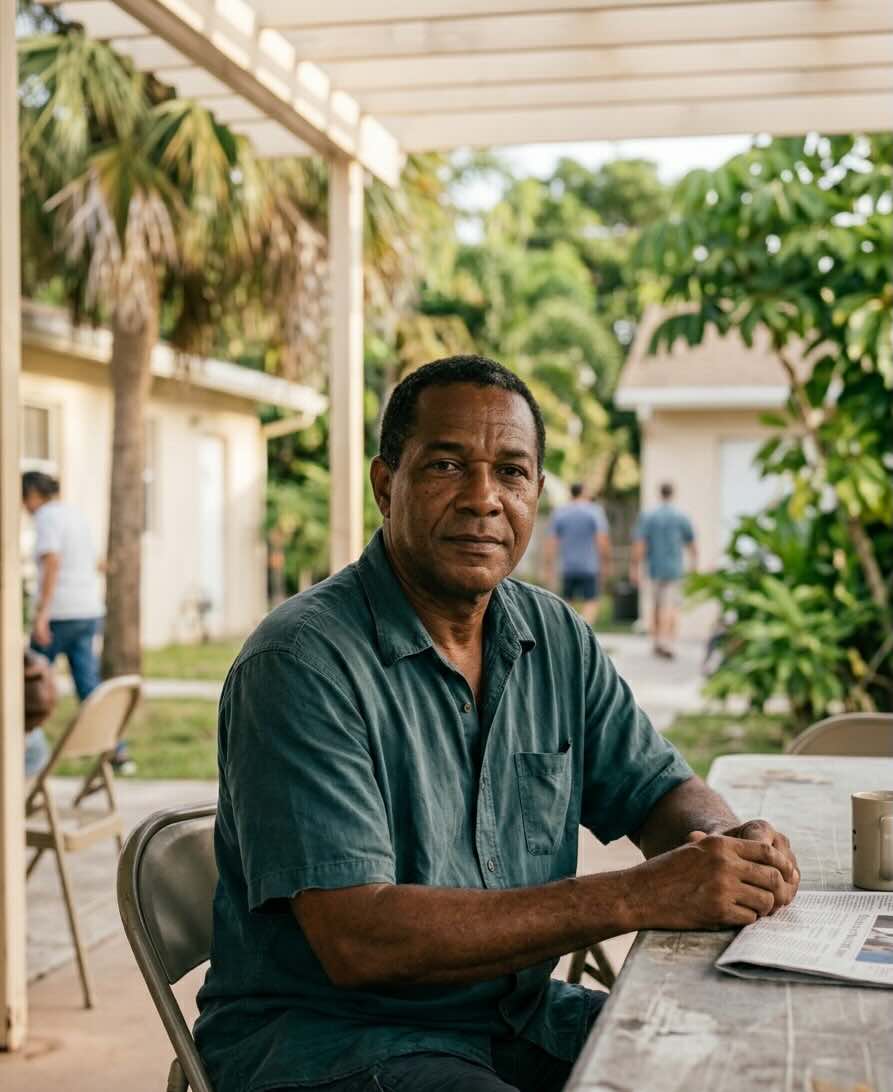 Authentic portrait of a Miami resident with a calm, steady expression in natural outdoor light