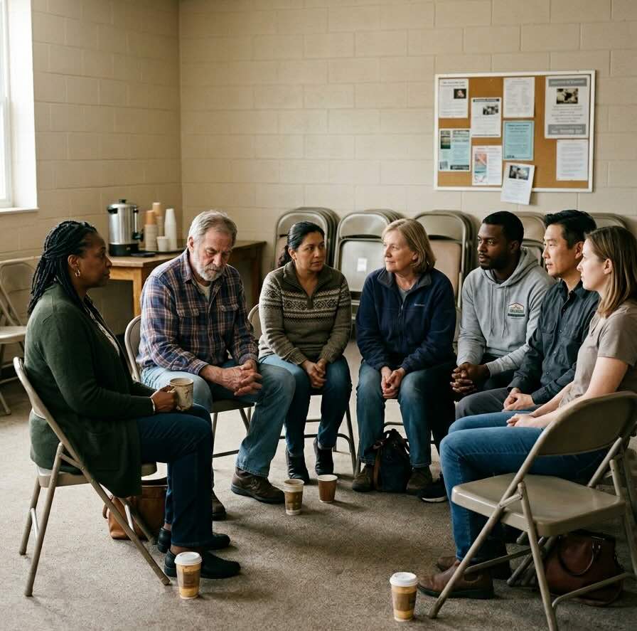 A diverse group of people sitting in a circle on folding chairs in a New Jersey community room, holding coffee cups in warm light