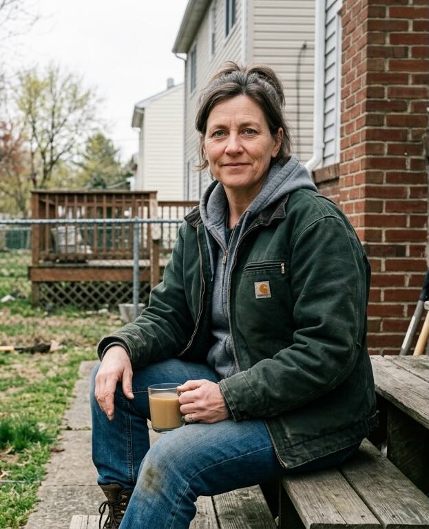 An authentic portrait of a New Jersey resident in a backyard with warm Northeast light, expressing a supportive and direct gaze