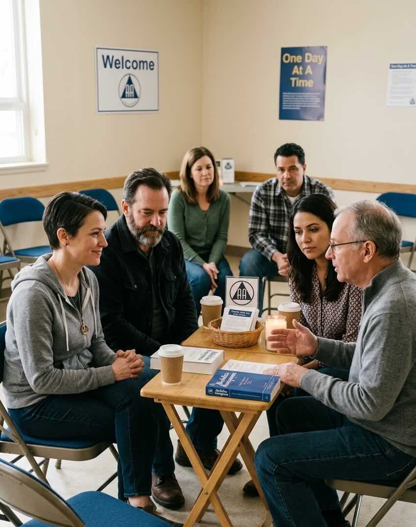 NYC support group meeting in a warm community room with a circle of chairs