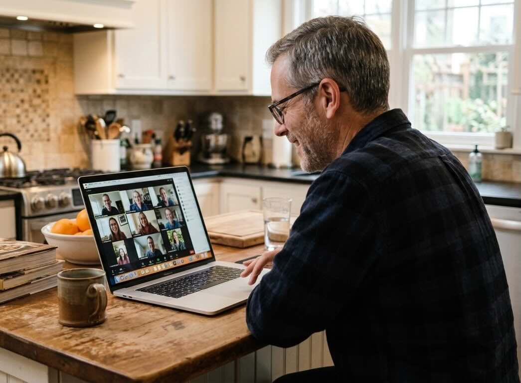 A person sitting at home with a laptop in soft lighting, listening attentively to an online meeting