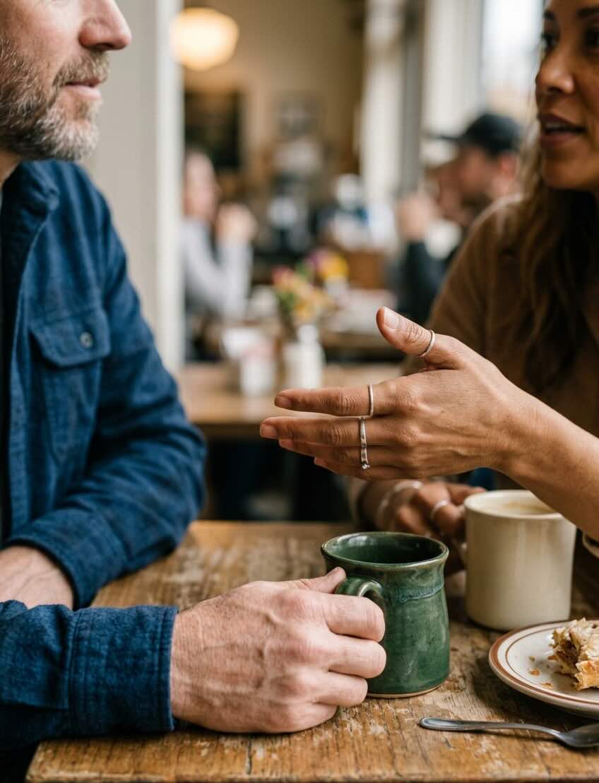 An empty circle of chairs in a quiet meeting room with coffee cups
