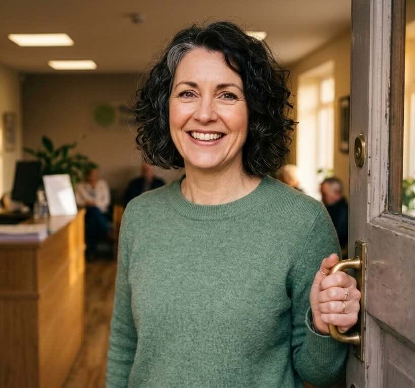 Show up at AA meeting - a person taking a purposeful step into a building for their first meeting