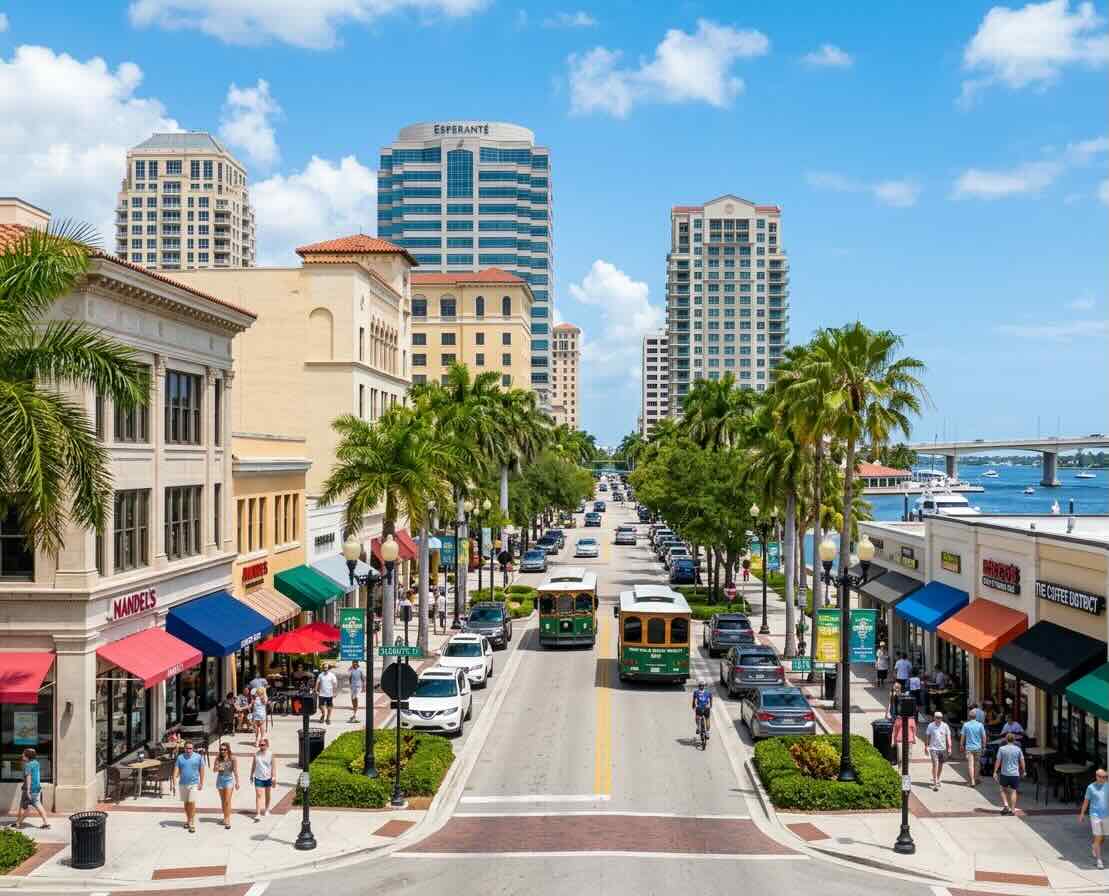 West Palm Beach, FL downtown skyline and Clematis Street