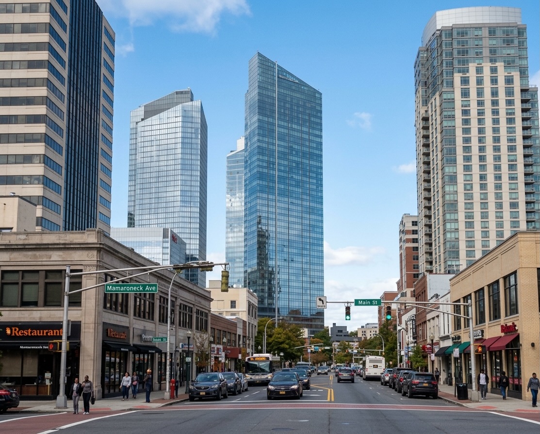 White Plains, NY downtown business district street scene