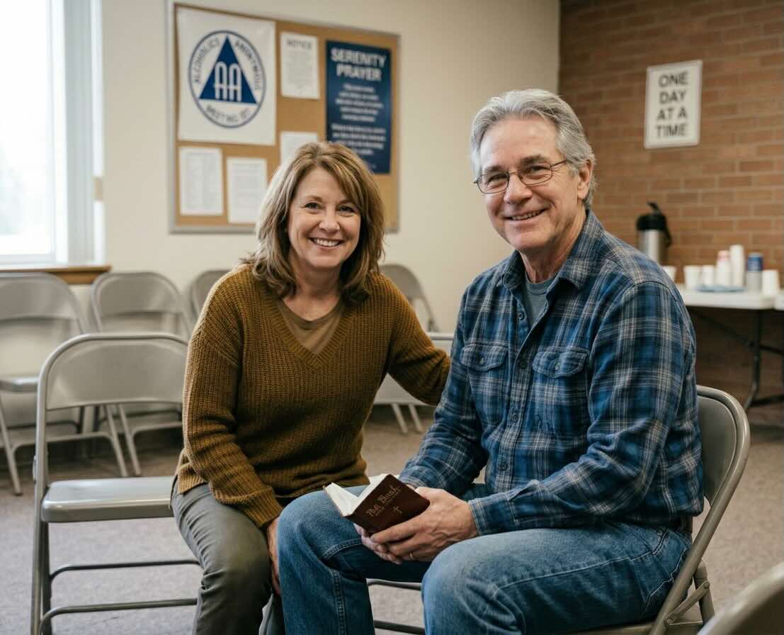 Two people talking at an AA meeting in California