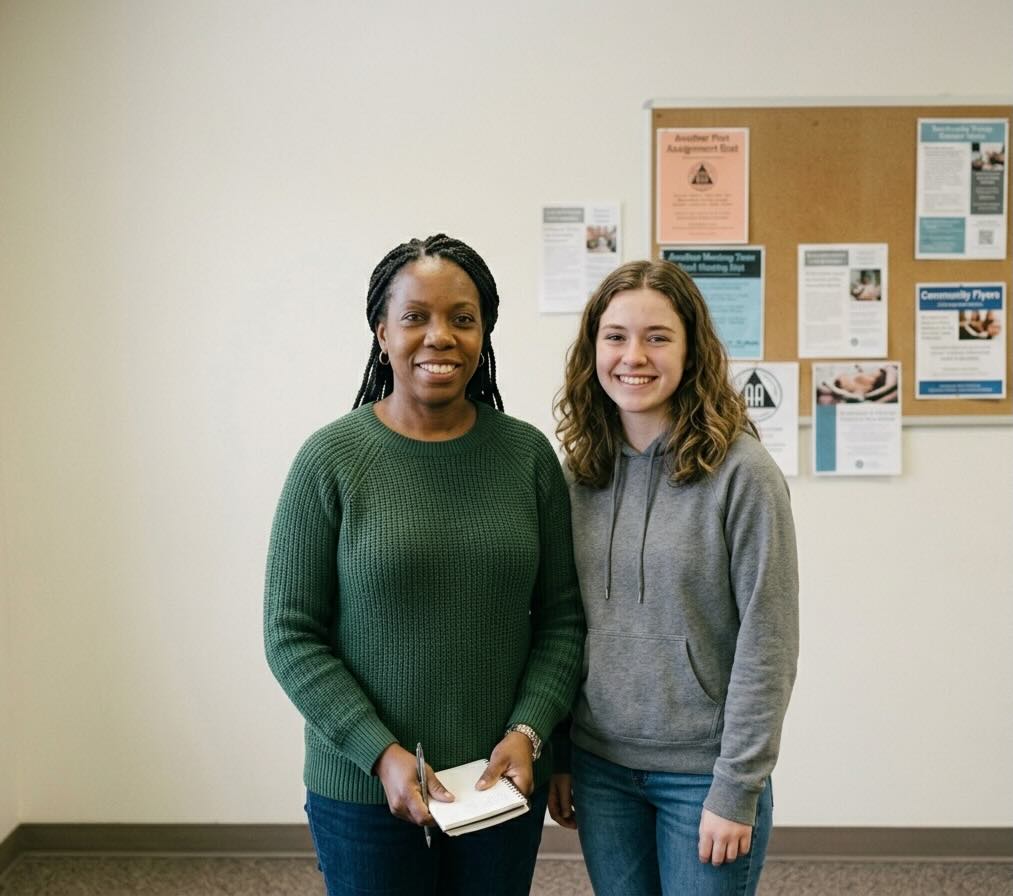 Two people talking at an AA meeting in Louisville
