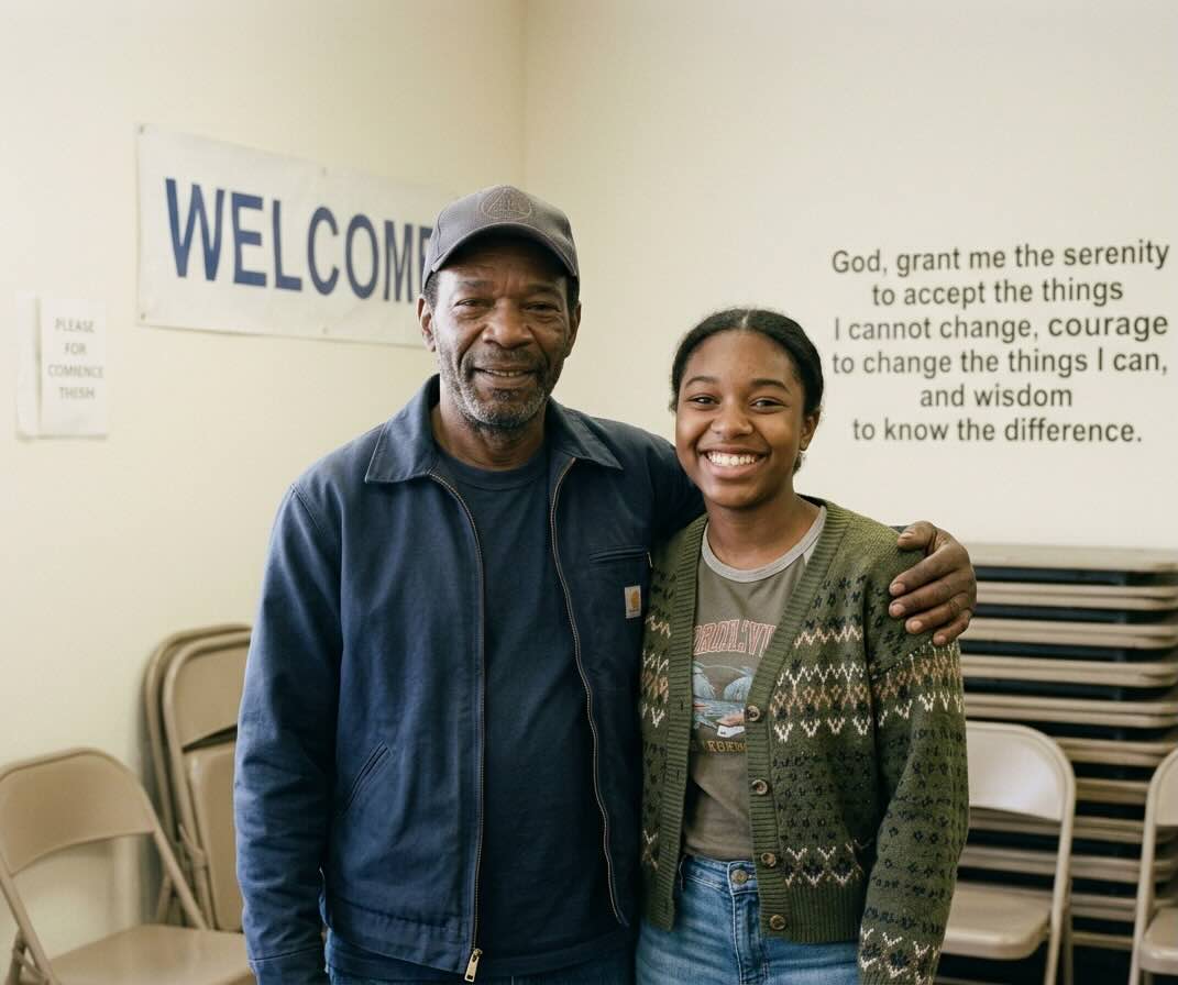 Two people talking at an AA meeting in Portland Oregon