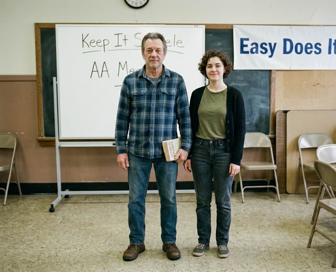 Two people talking at an AA meeting in Texas